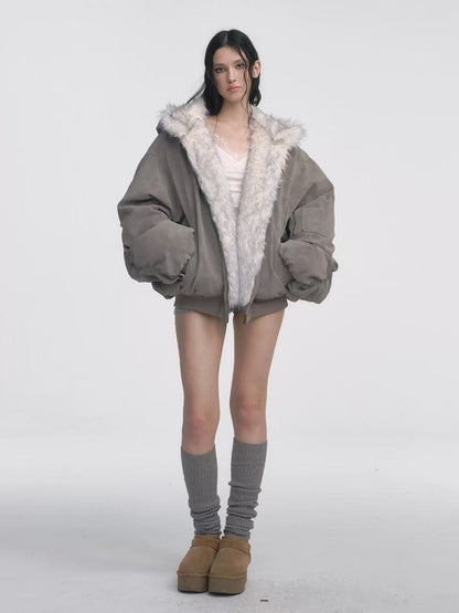 Vintage Gray Fur-Trim Cotton Jacket