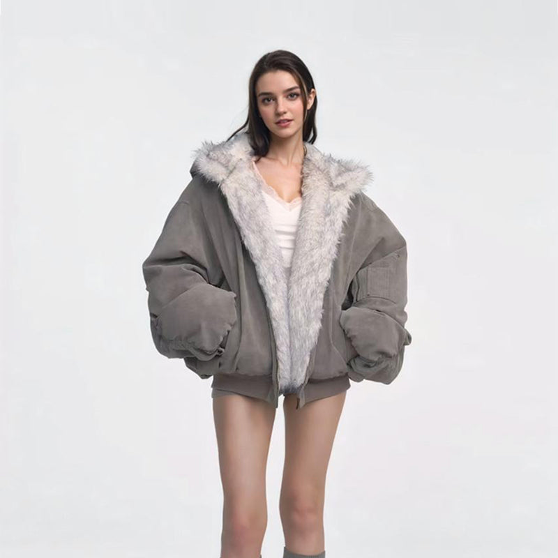 Vintage Gray Fur-Trim Cotton Jacket