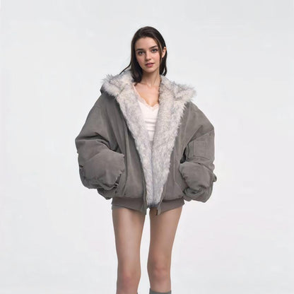 Vintage Gray Fur-Trim Cotton Jacket