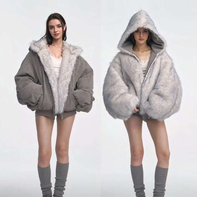 Vintage Gray Fur-Trim Cotton Jacket
