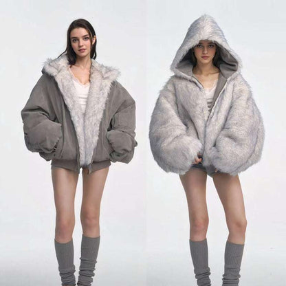 Vintage Gray Fur-Trim Cotton Jacket