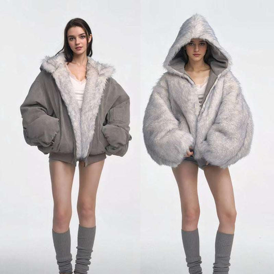 Vintage Gray Fur-Trim Cotton Jacket