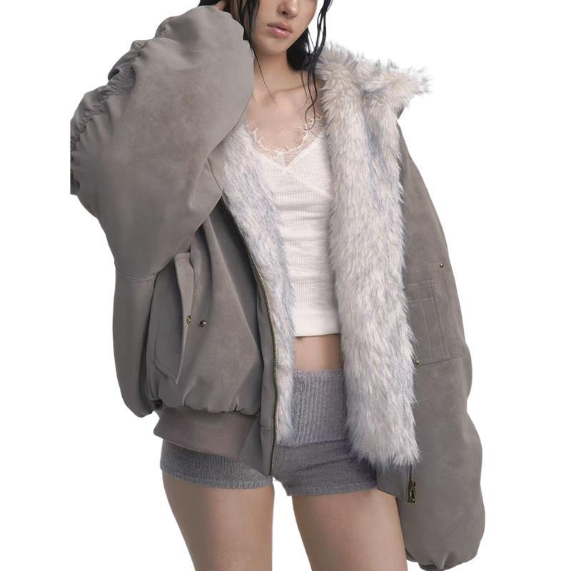 Vintage Gray Fur-Trim Cotton Jacket