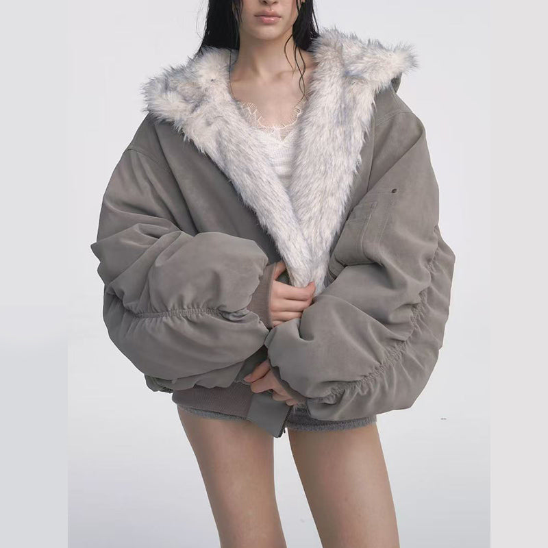 Vintage Gray Fur-Trim Cotton Jacket