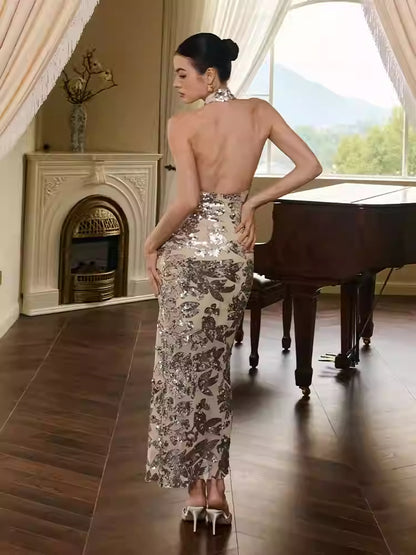 Vionnet Sequin Halter Maxi