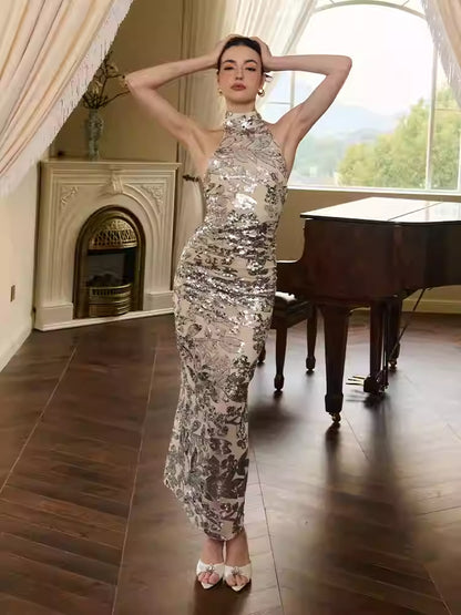 Vionnet Sequin Halter Maxi