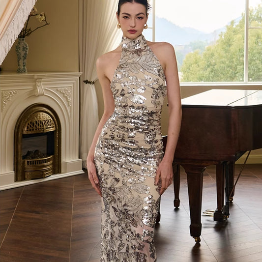 Vionnet Sequin Halter Maxi